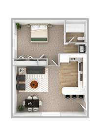 a floor plan of a bedroom with a bathroom and a living room